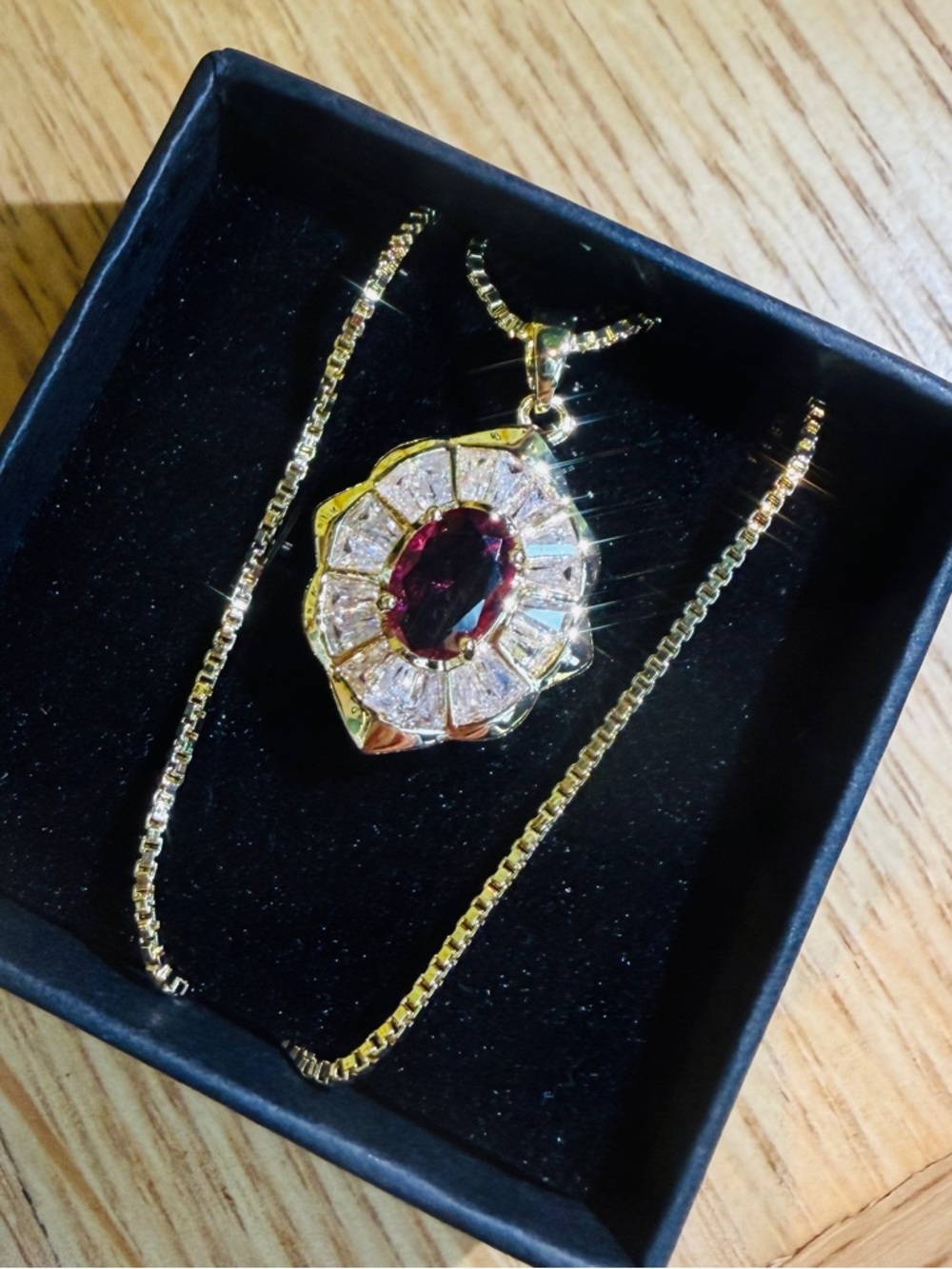 Brand New Gold Tone Elegant Ruby-Inspired cubic zirconia Pendant Necklace